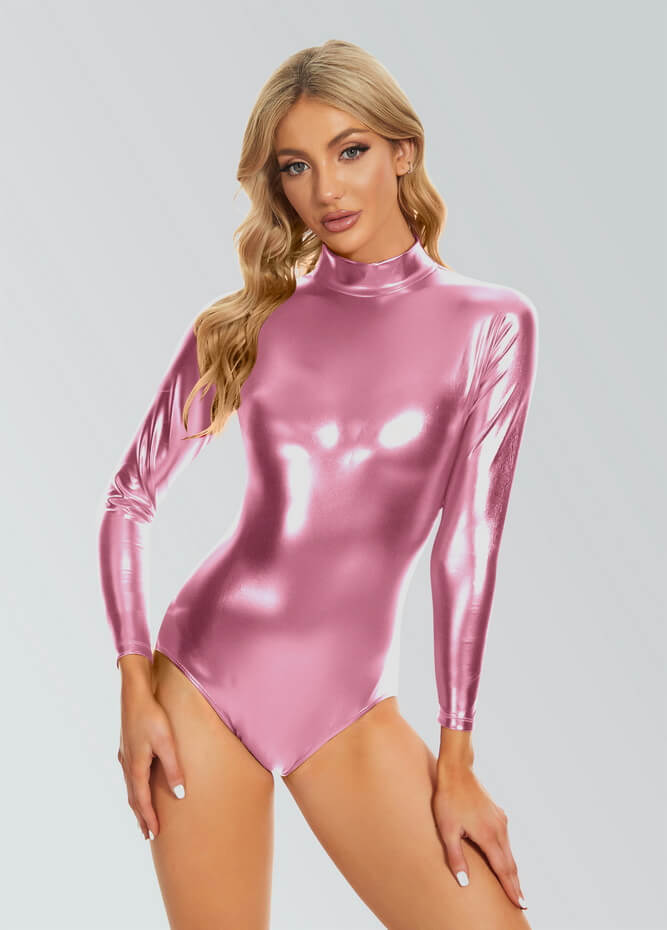 Speerise Shiny Metallic Long Sleeve Mock Turtleneck Leotard