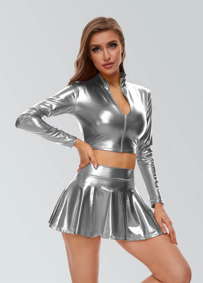 Women Shiny Metallic Crop Top Clubwear