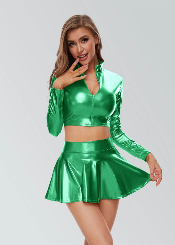 Women Shiny Metallic Crop Top Clubwear