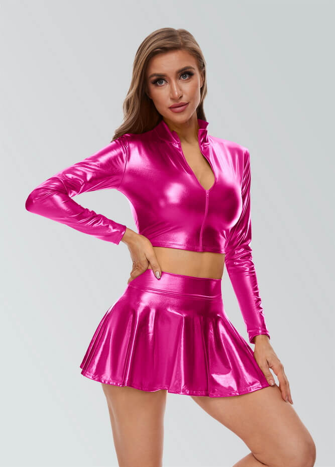 Women Shiny Metallic Crop Top Clubwear