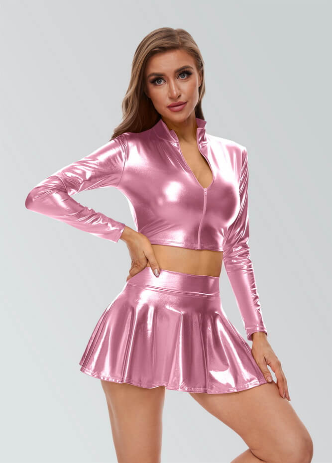 Women Shiny Metallic Crop Top Clubwear