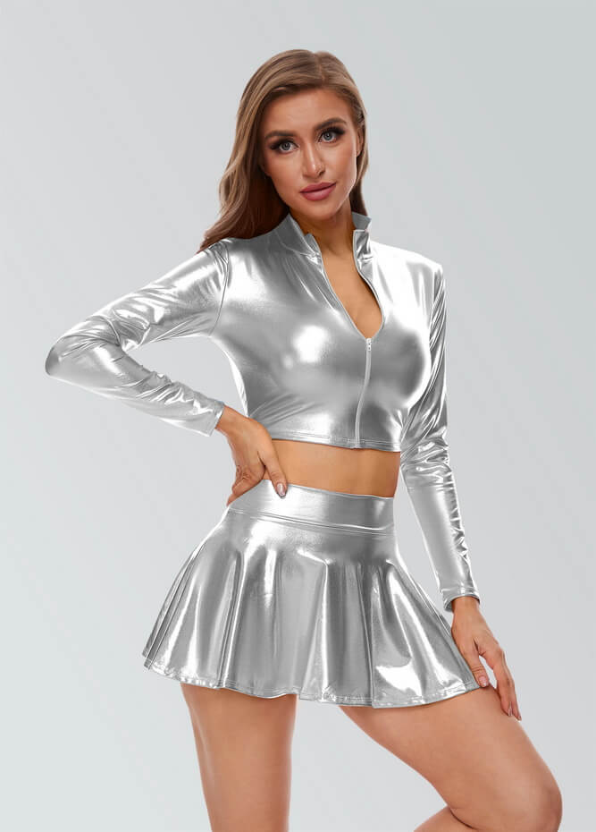 Women Shiny Metallic Crop Top Clubwear