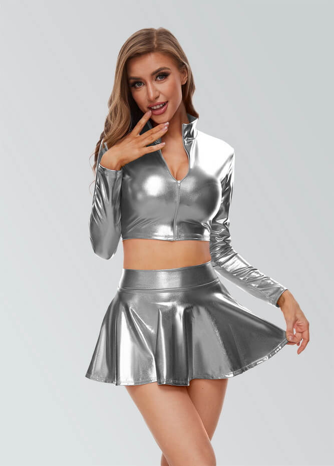 Pleated Shiny Metallic Skater Mini Skirt