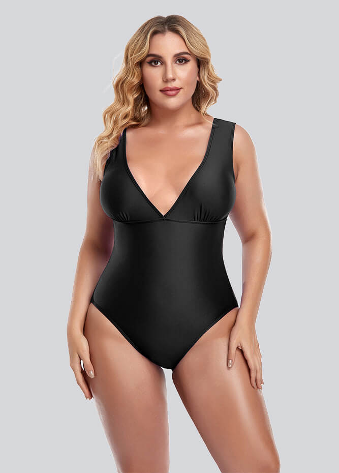 Womens Plus Size Retro V-neck One Piece Swimsuit