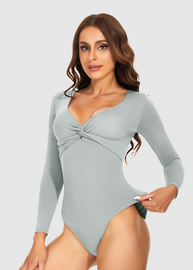 Long Sleeve V Neck Thong Bodysuit