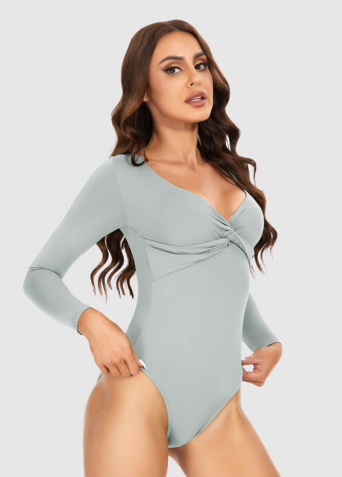 Long Sleeve V Neck Thong Bodysuit