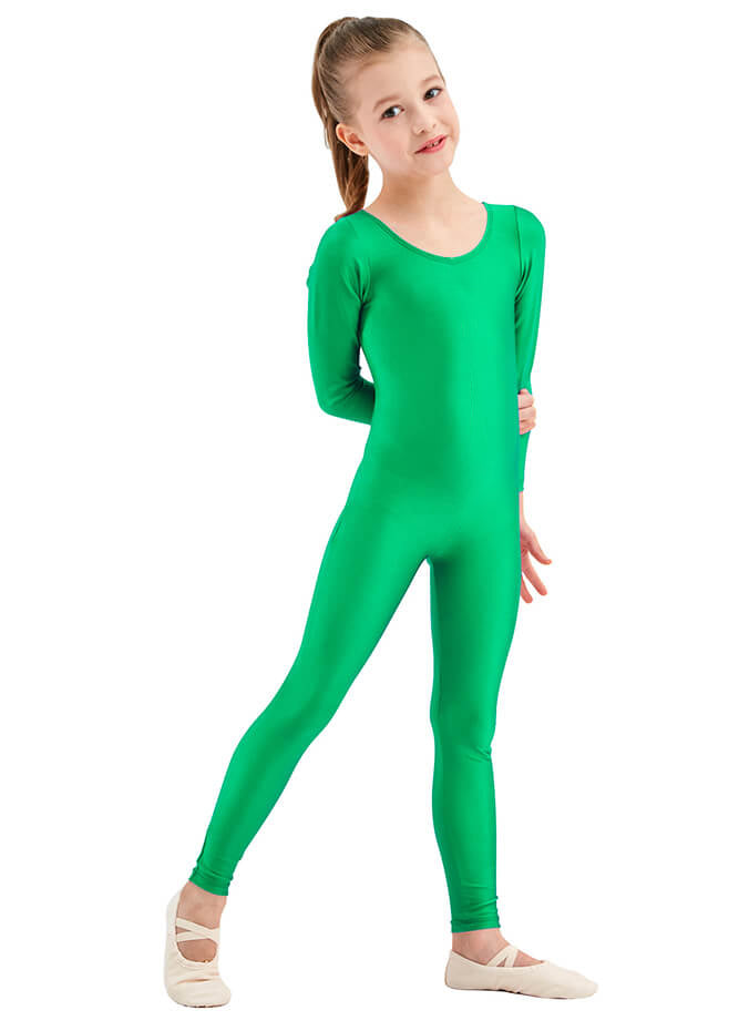 Girls Green Long Sleeve Spandex Unitard