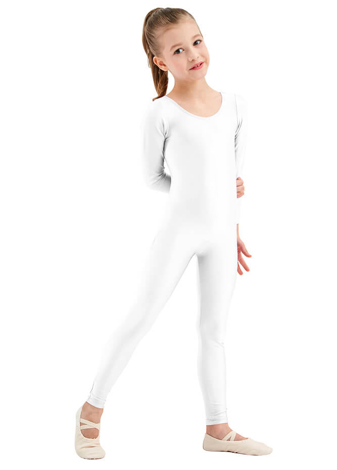 Girls White Long Sleeve Spandex Unitard
