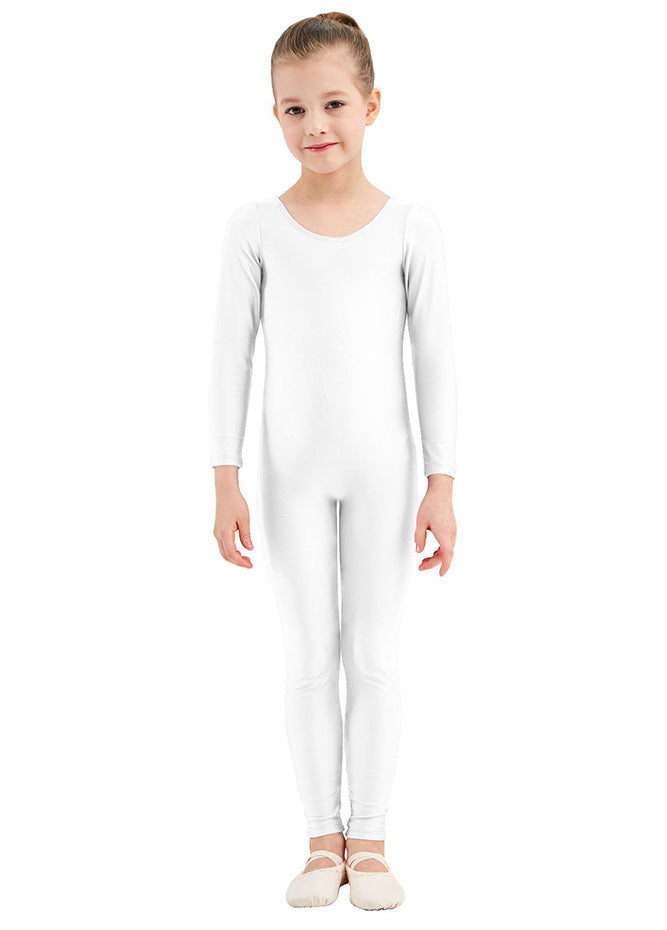 Girls White Long Sleeve Spandex Unitard