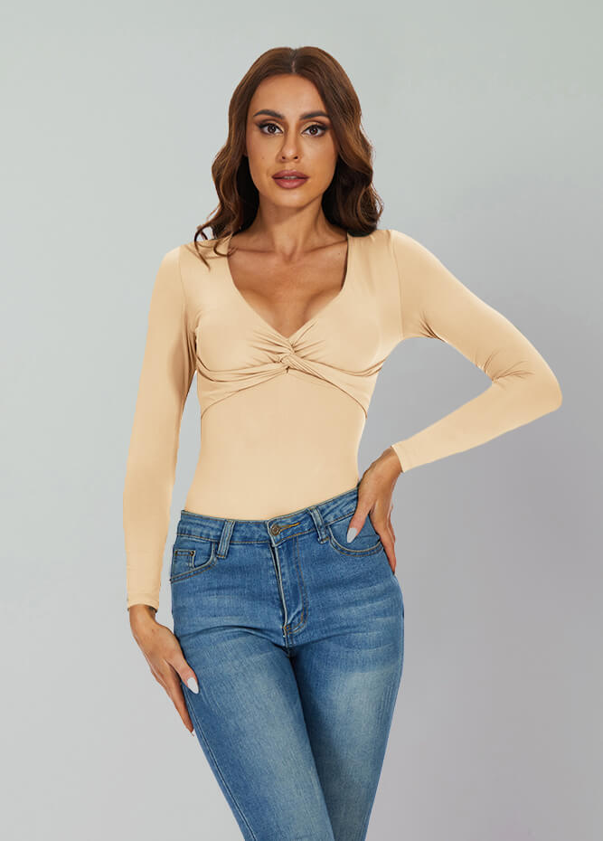 Long Sleeve V Neck Thong Bodysuit