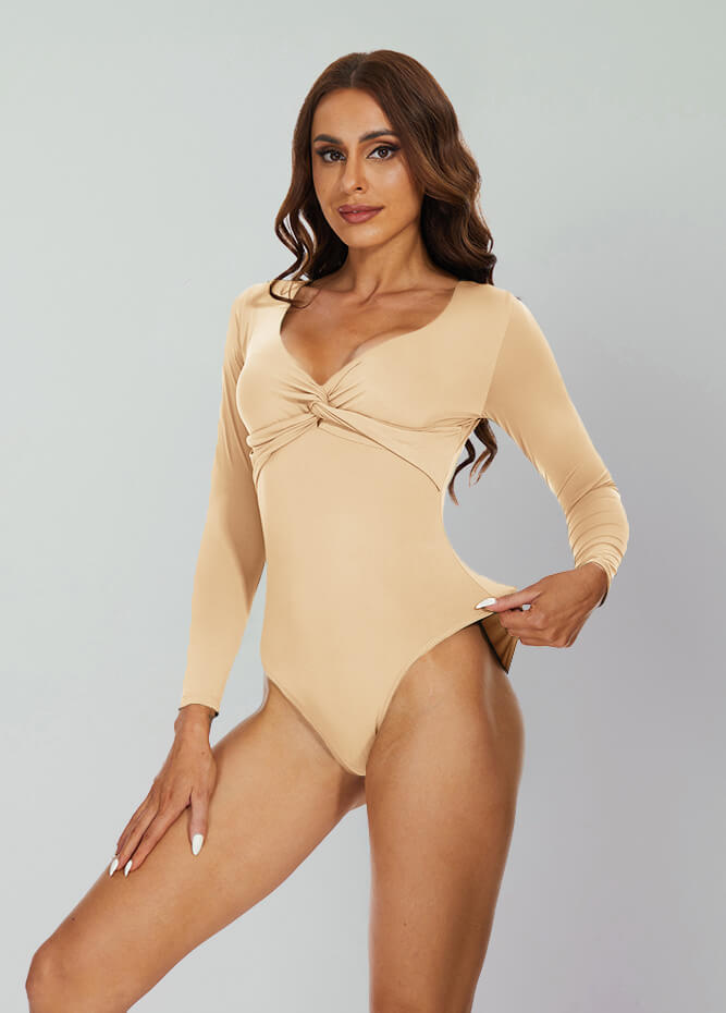 Long Sleeve V Neck Thong Bodysuit