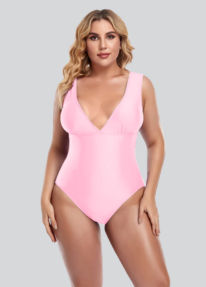 Womens Plus Size Retro V-neck One Piece Swimsuit