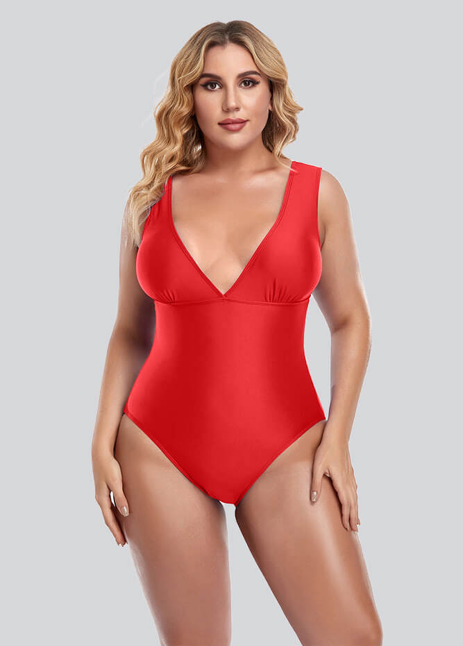 Womens Plus Size Retro V-neck One Piece Swimsuit