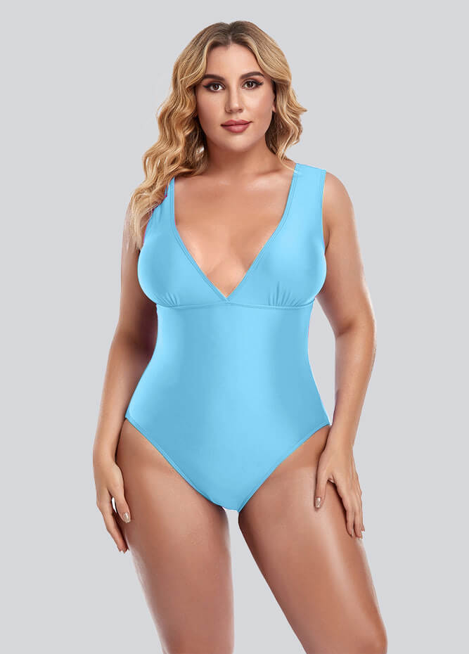 Womens Plus Size Retro V-neck One Piece Swimsuit