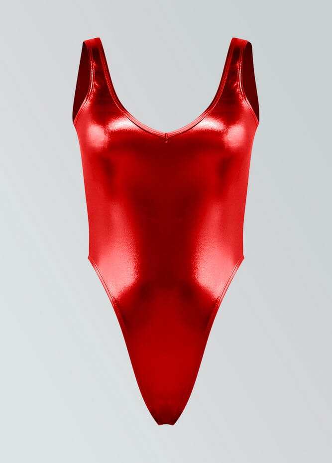 Womens V-neck Metallic Thong Leotard