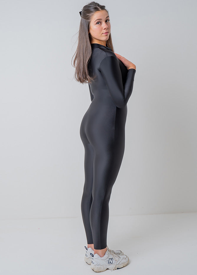 Black Zip Front Spandex Long Sleeve Turtleneck Unitard