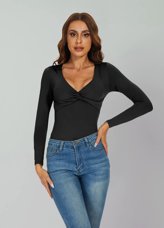 Long Sleeve V Neck Thong Bodysuit