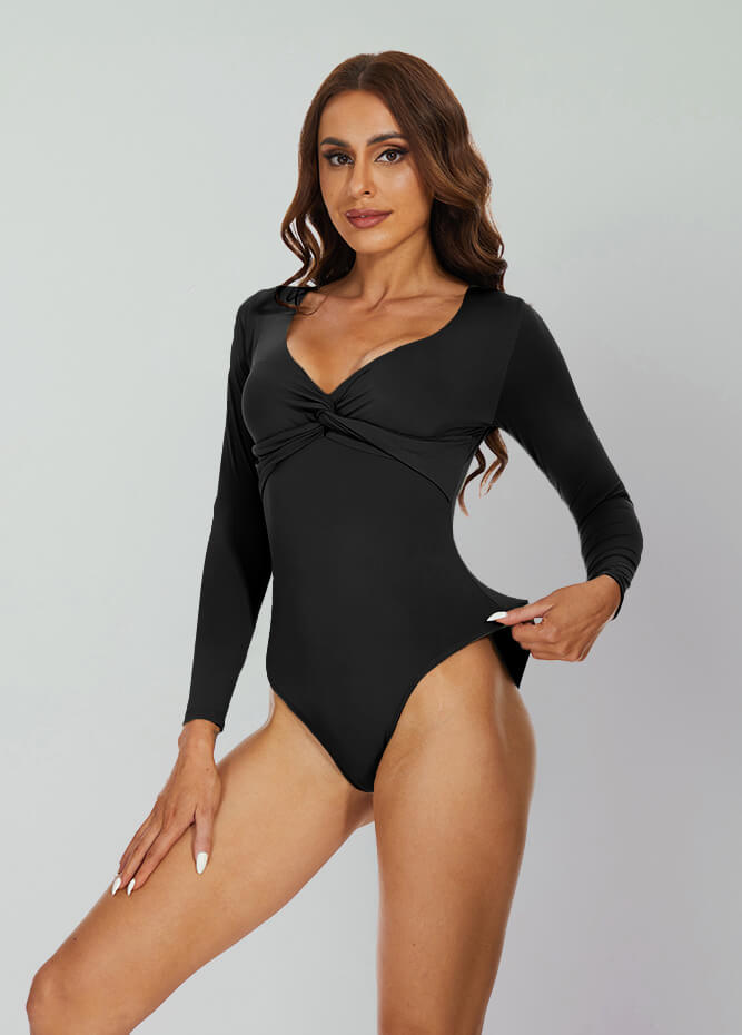 Long Sleeve V Neck Thong Bodysuit