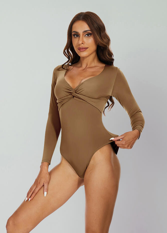 Long Sleeve V Neck Thong Bodysuit