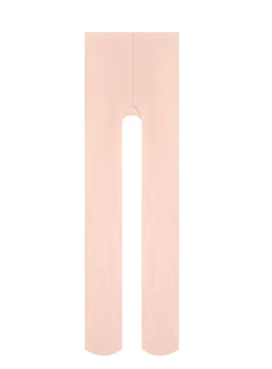 A pair of light pink-colored tights or pantyhose shown flat against a solid white background.