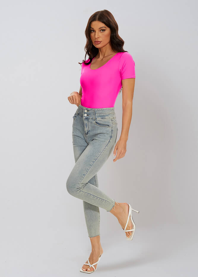 hot pink v neck bodysuit
