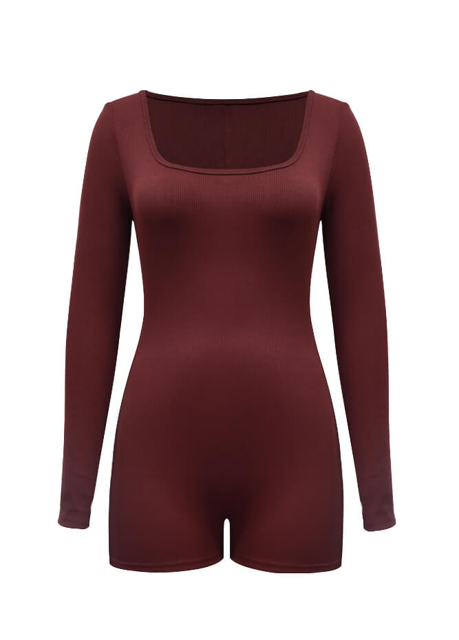 Long Sleeve Ribbed Workout Romper Bodysuit