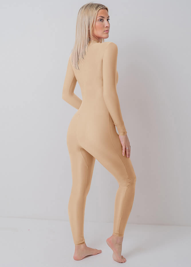 Nude Zip Front Spandex Long Sleeve Turtleneck Unitard
