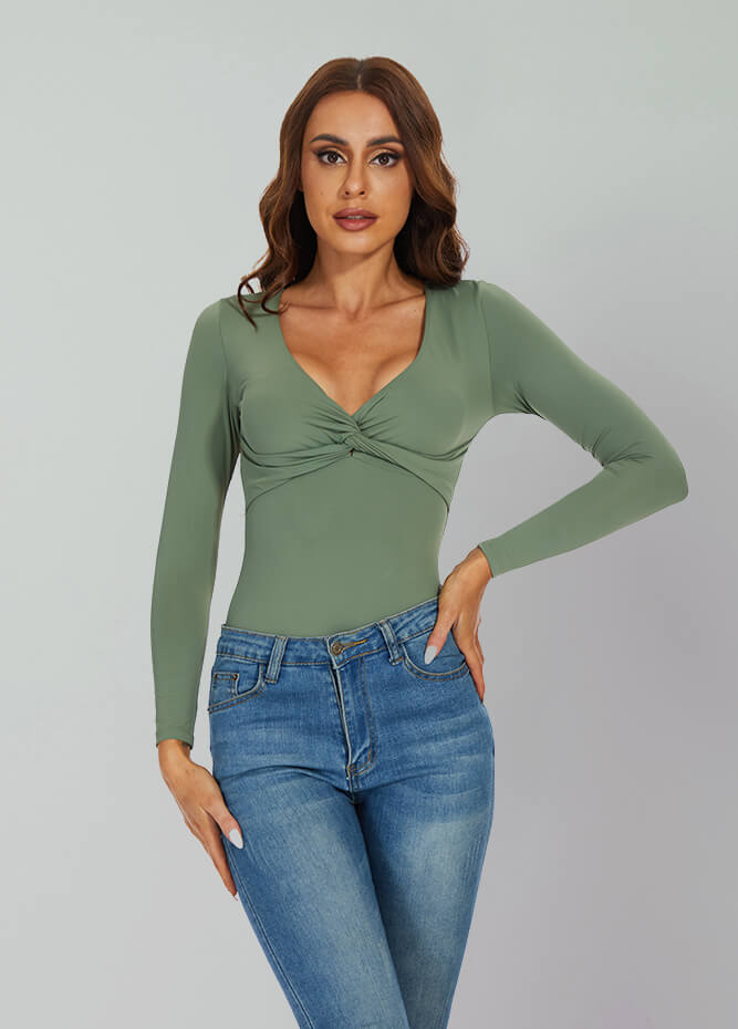 Long Sleeve V Neck Thong Bodysuit