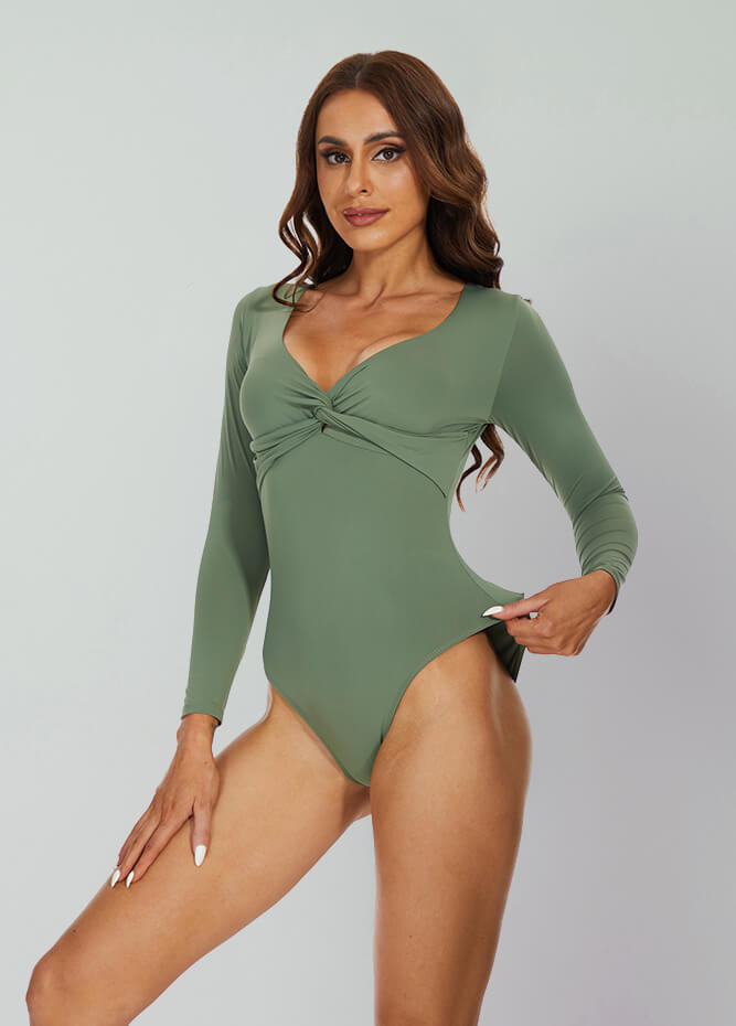 Long Sleeve V Neck Thong Bodysuit