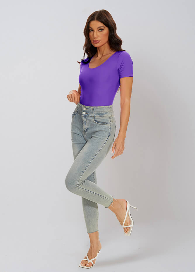 purple v neck bodysuit