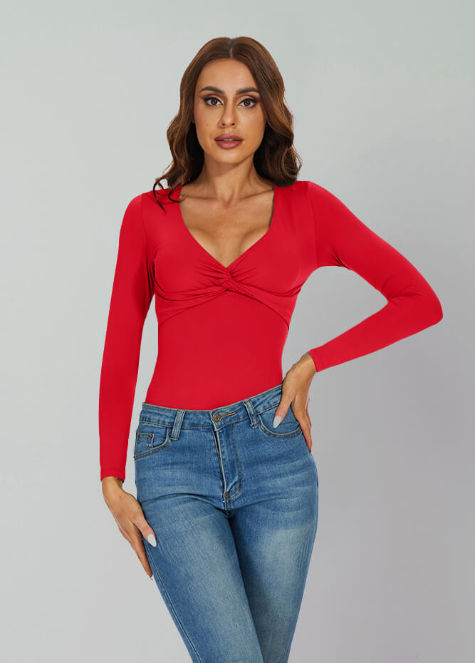 Long Sleeve V Neck Thong Bodysuit