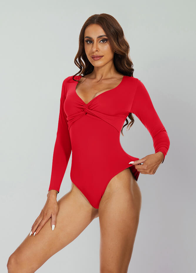 Long Sleeve V Neck Thong Bodysuit