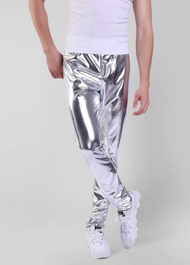 Mens Metallic Shiny Disco Pants. Wet Look Party Dance Straight Leg