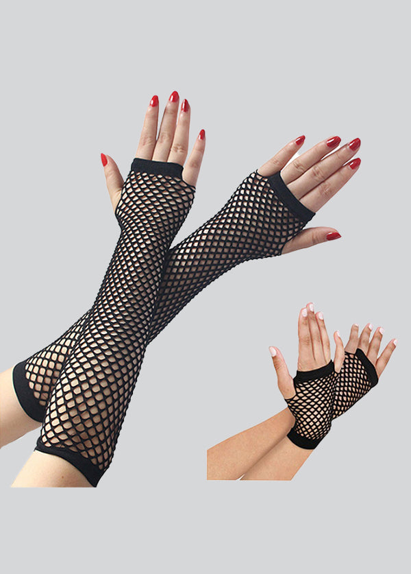 Black fishnet gloves worn by a person on a gray background