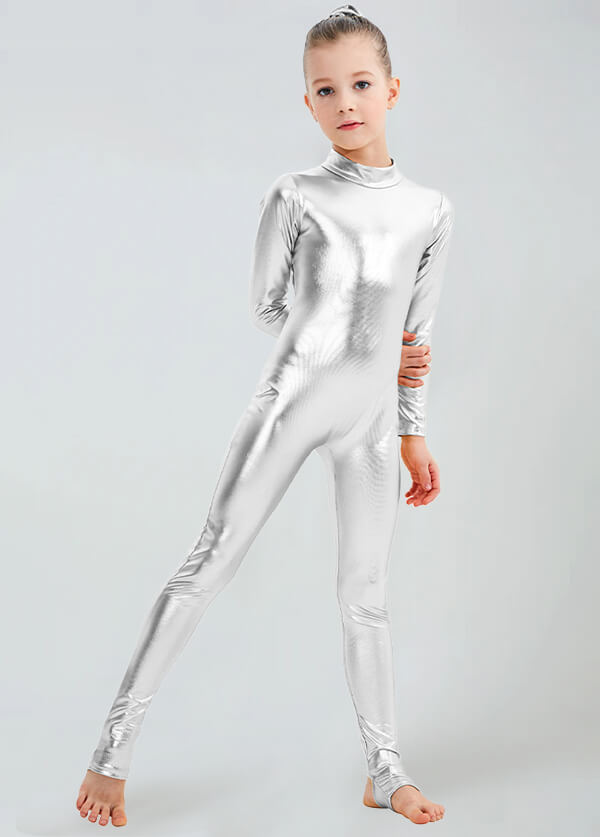 Speerise girls shiny metallic long sleeve unitard in silver front view