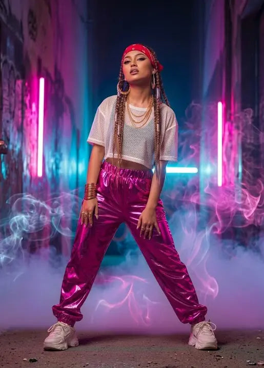 Person wearing a white top, pink pants, and a red headscarf in a neon-lit setting with smoke effects.