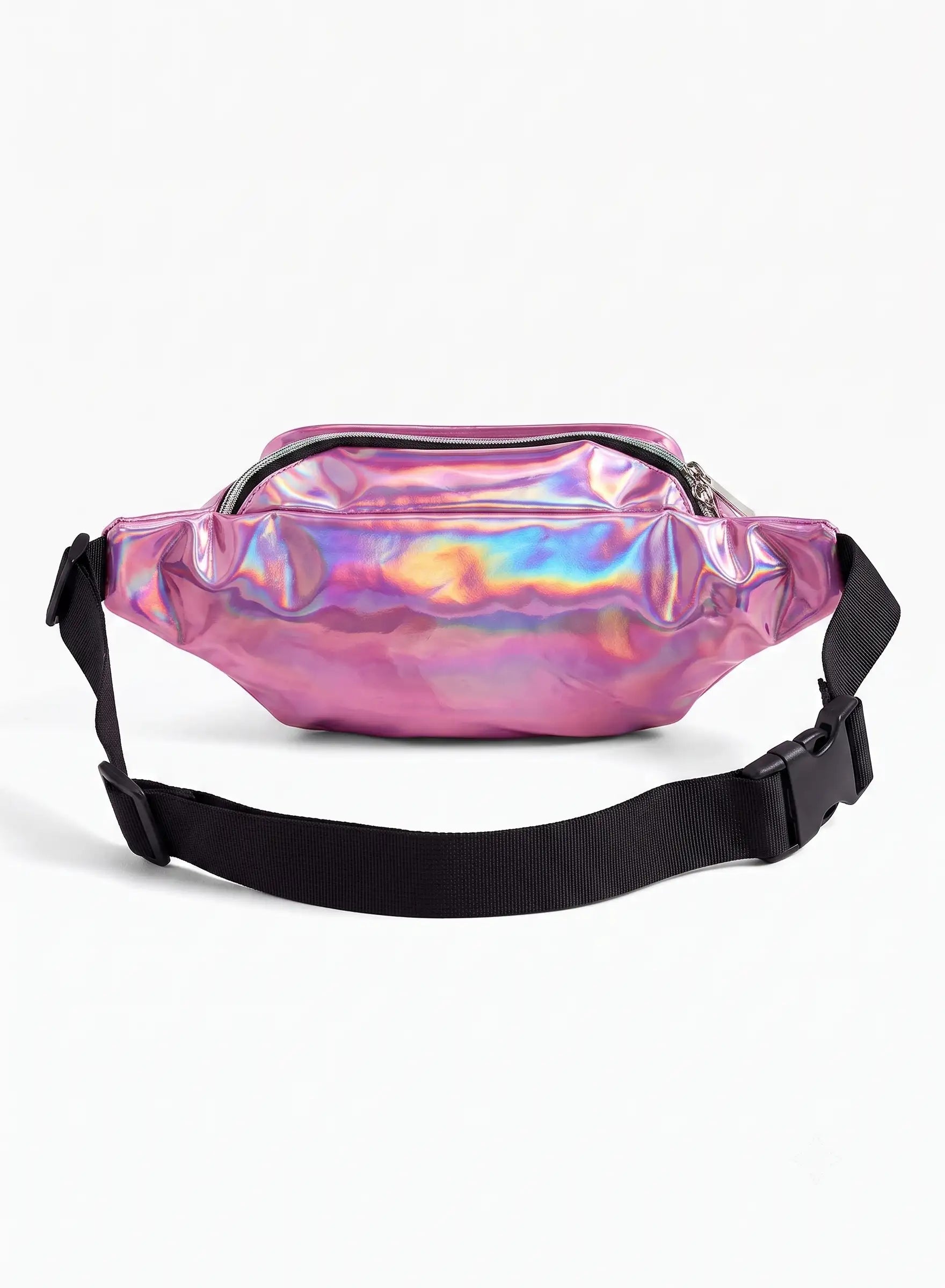An iridescent holographic fanny pack in pink, purple, and blue tones with a black adjustable waist strap, shown against a plain white background.