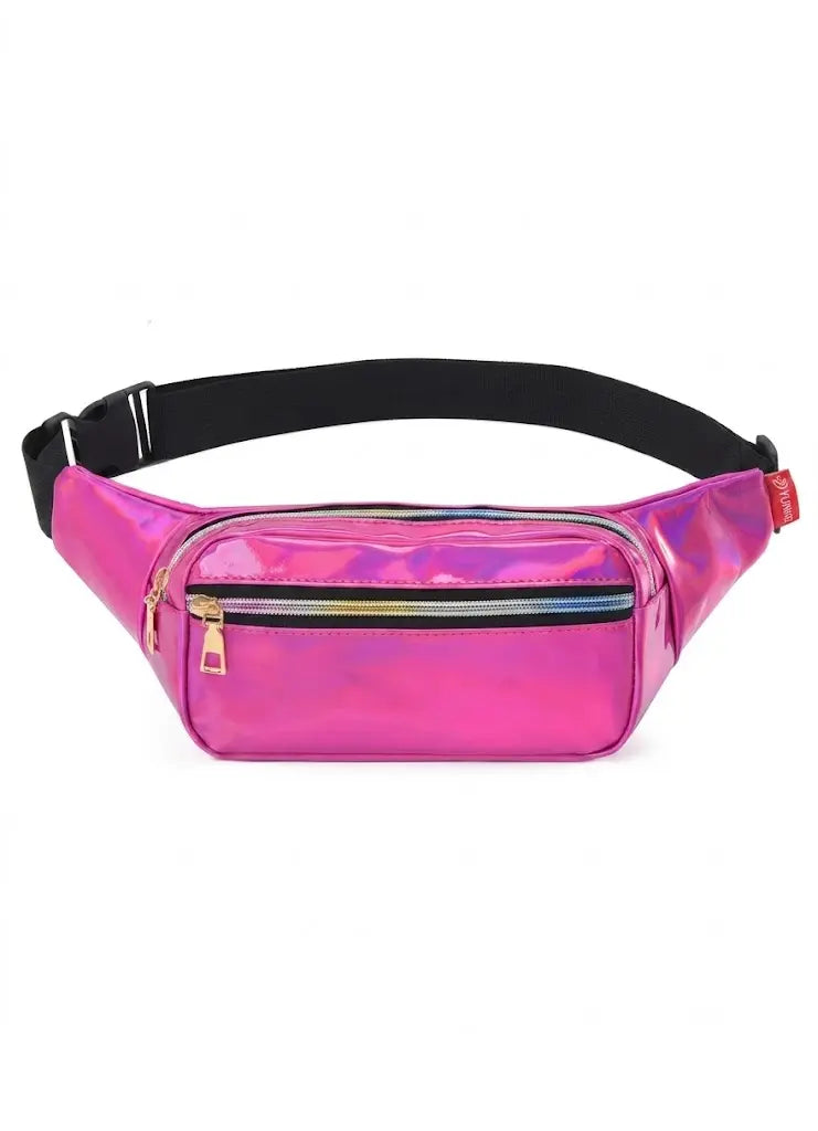 A shiny pink and purple iridescent fanny pack with a black adjustable strap, gold zipper, and a small red brand tag on the side, shown against a plain white background.