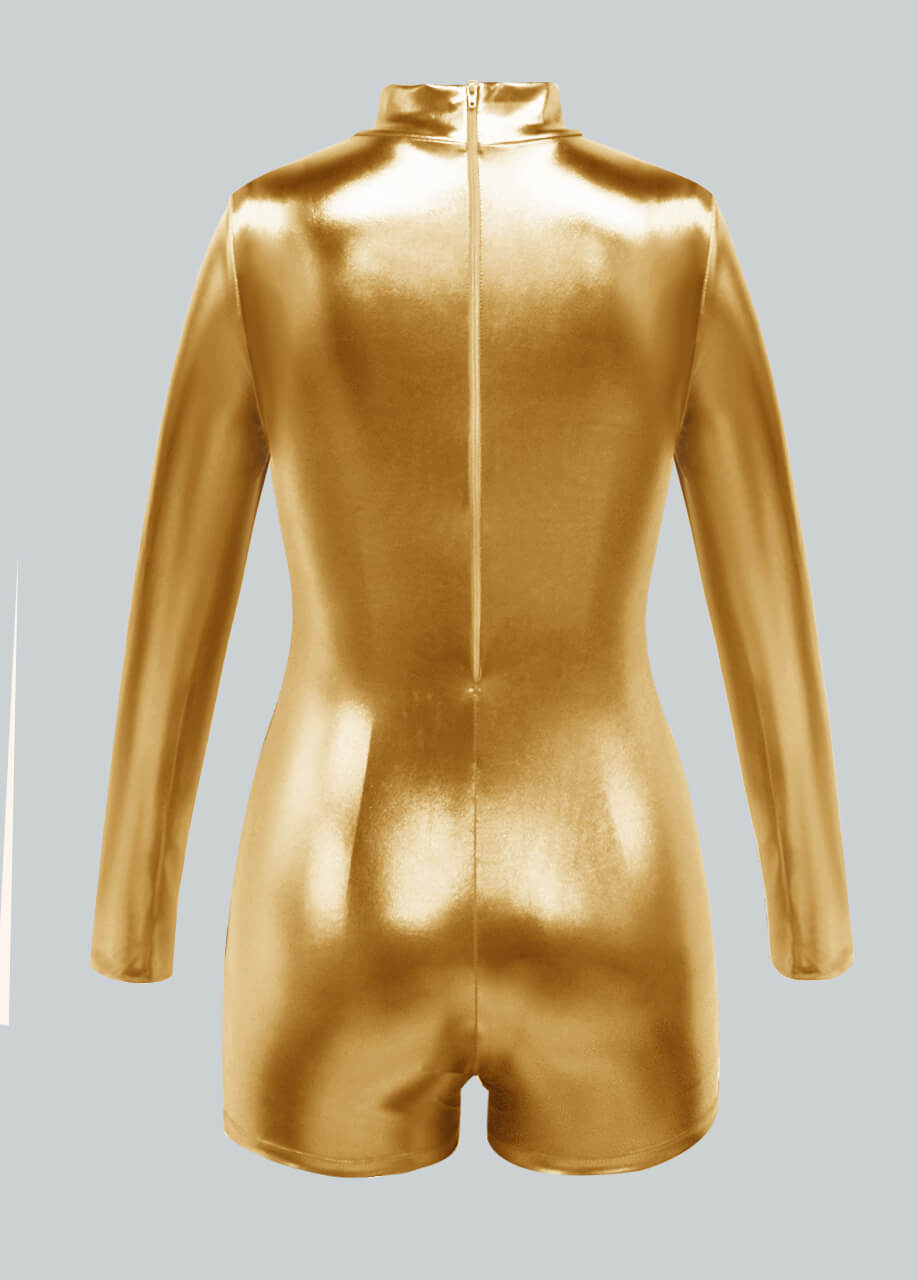 Long Sleeve Mock Neck Shiny Metallic Romper