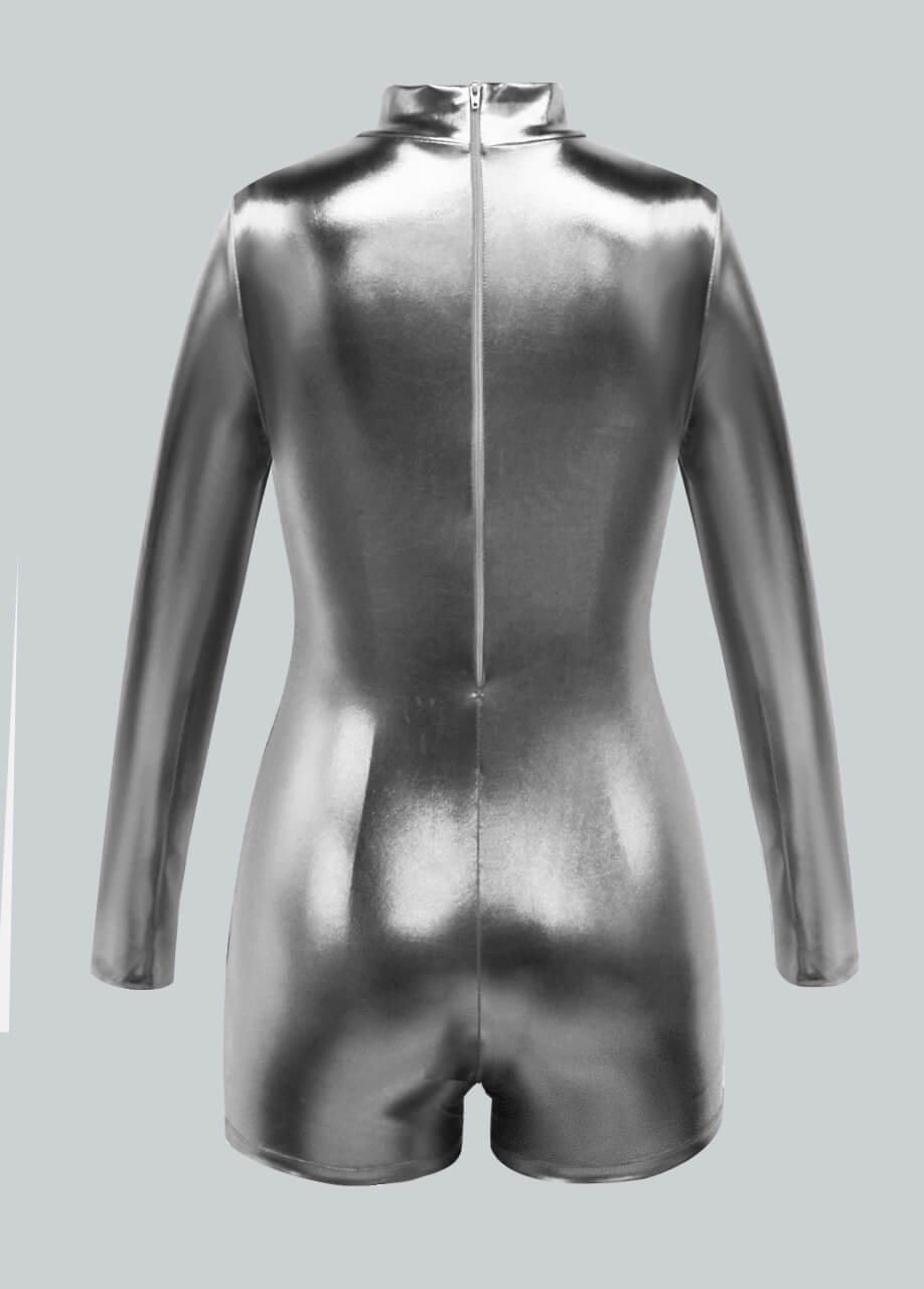 Long Sleeve Mock Neck Shiny Metallic Romper