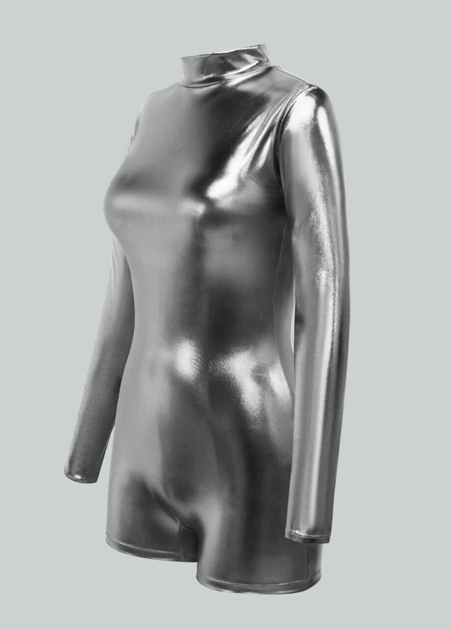 Long Sleeve Mock Neck Shiny Metallic Romper
