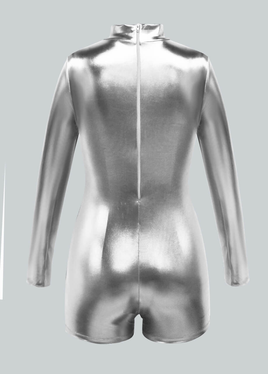 Long Sleeve Mock Neck Shiny Metallic Romper