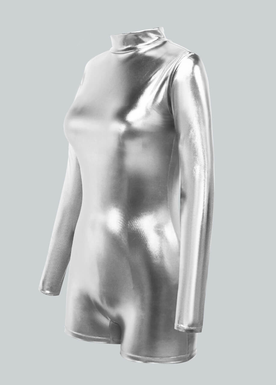Long Sleeve Mock Neck Shiny Metallic Romper