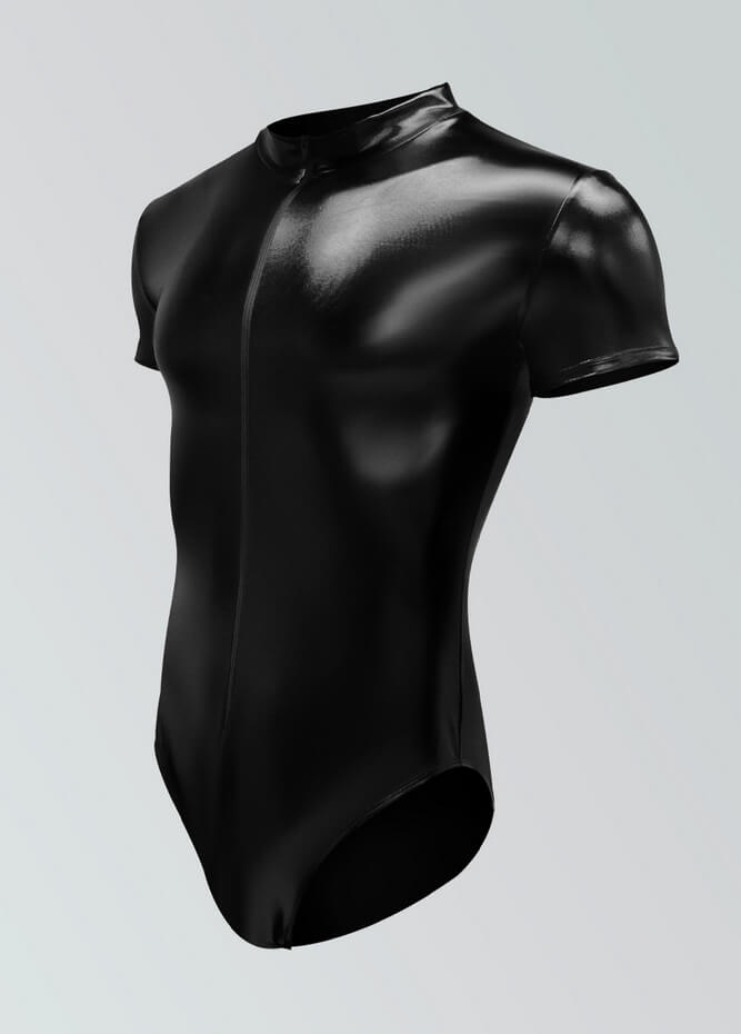 Mens Metallic Shiny Short Sleeve Zip Front Leotard