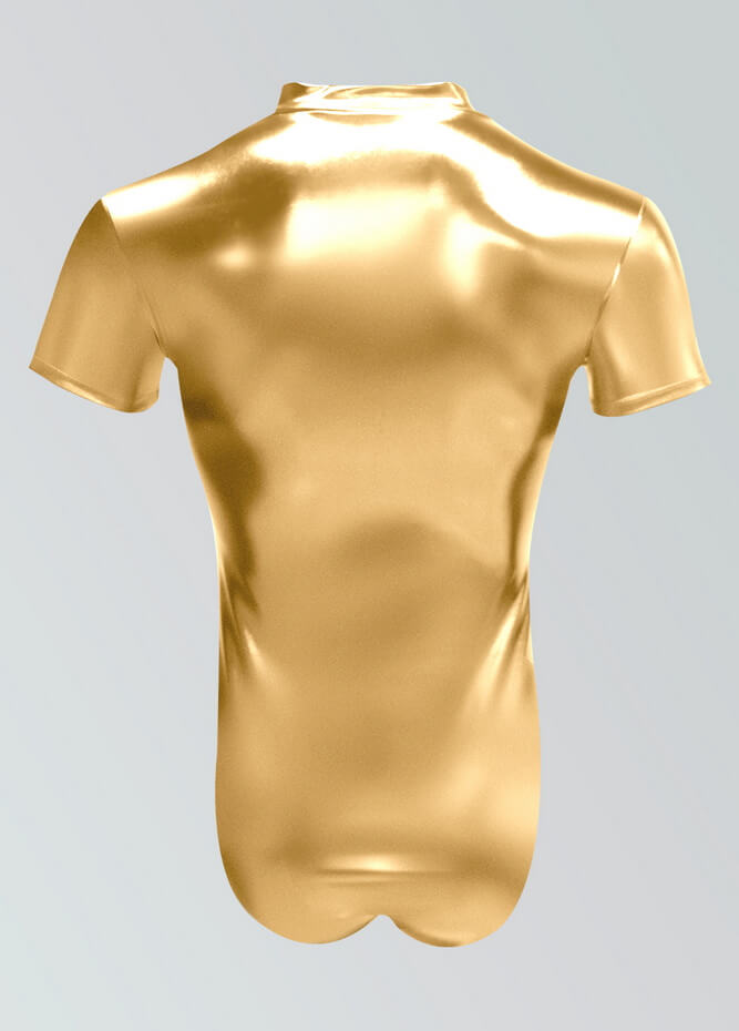 Mens Metallic Shiny Short Sleeve Zip Front Leotard