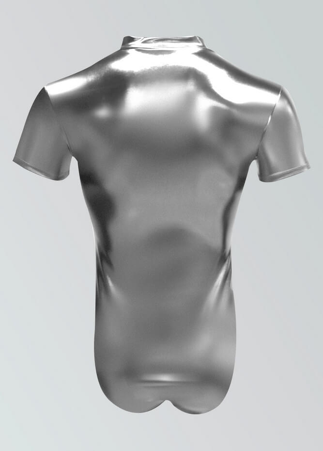 Mens Metallic Shiny Short Sleeve Zip Front Leotard