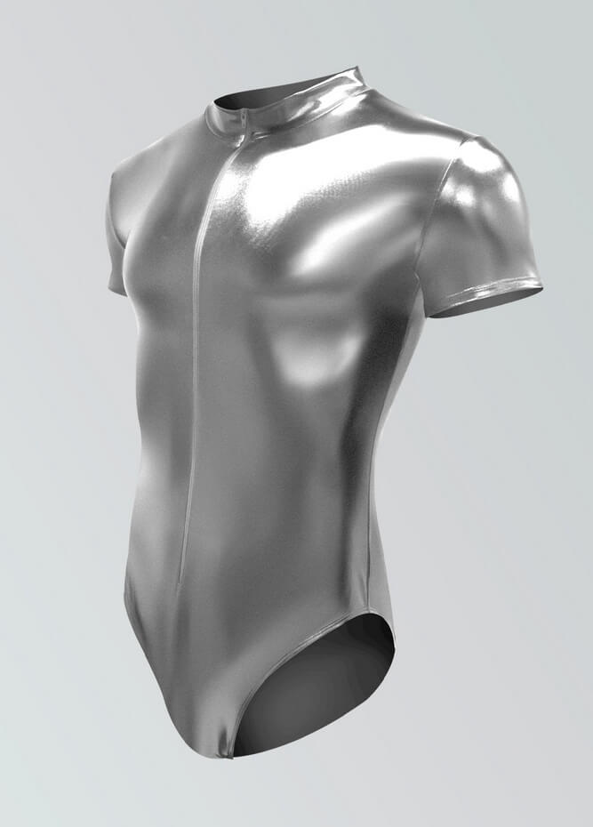 Mens Metallic Shiny Short Sleeve Zip Front Leotard