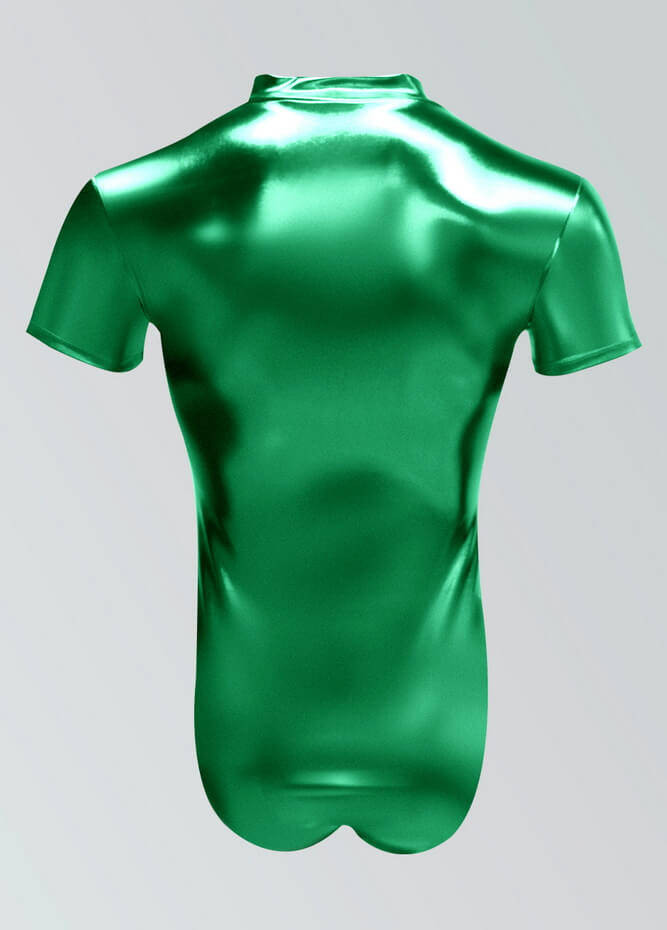 Mens Metallic Shiny Short Sleeve Zip Front Leotard