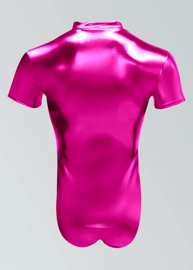 Mens Metallic Shiny Short Sleeve Zip Front Leotard