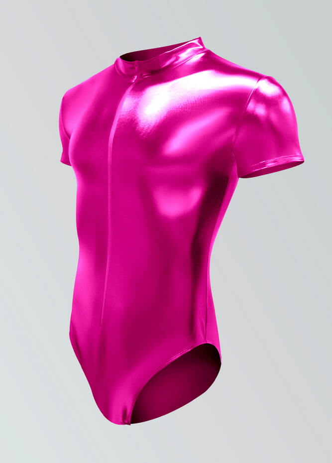 Mens Metallic Shiny Short Sleeve Zip Front Leotard